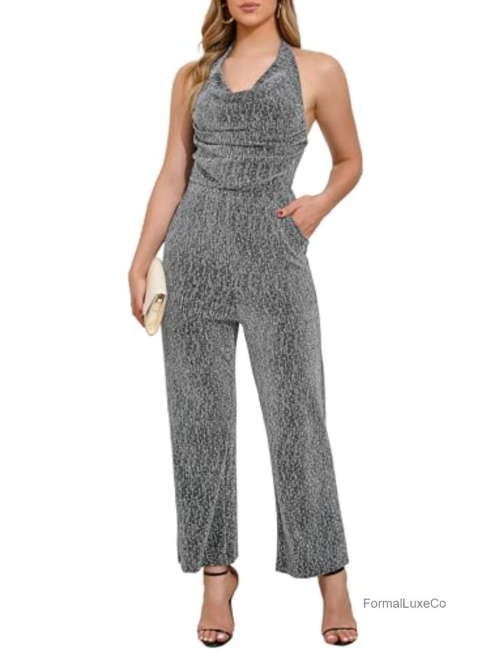 Sparkly Rhinestone Jumpsuit Halter Neck Draped Ruched Backless Party Romper